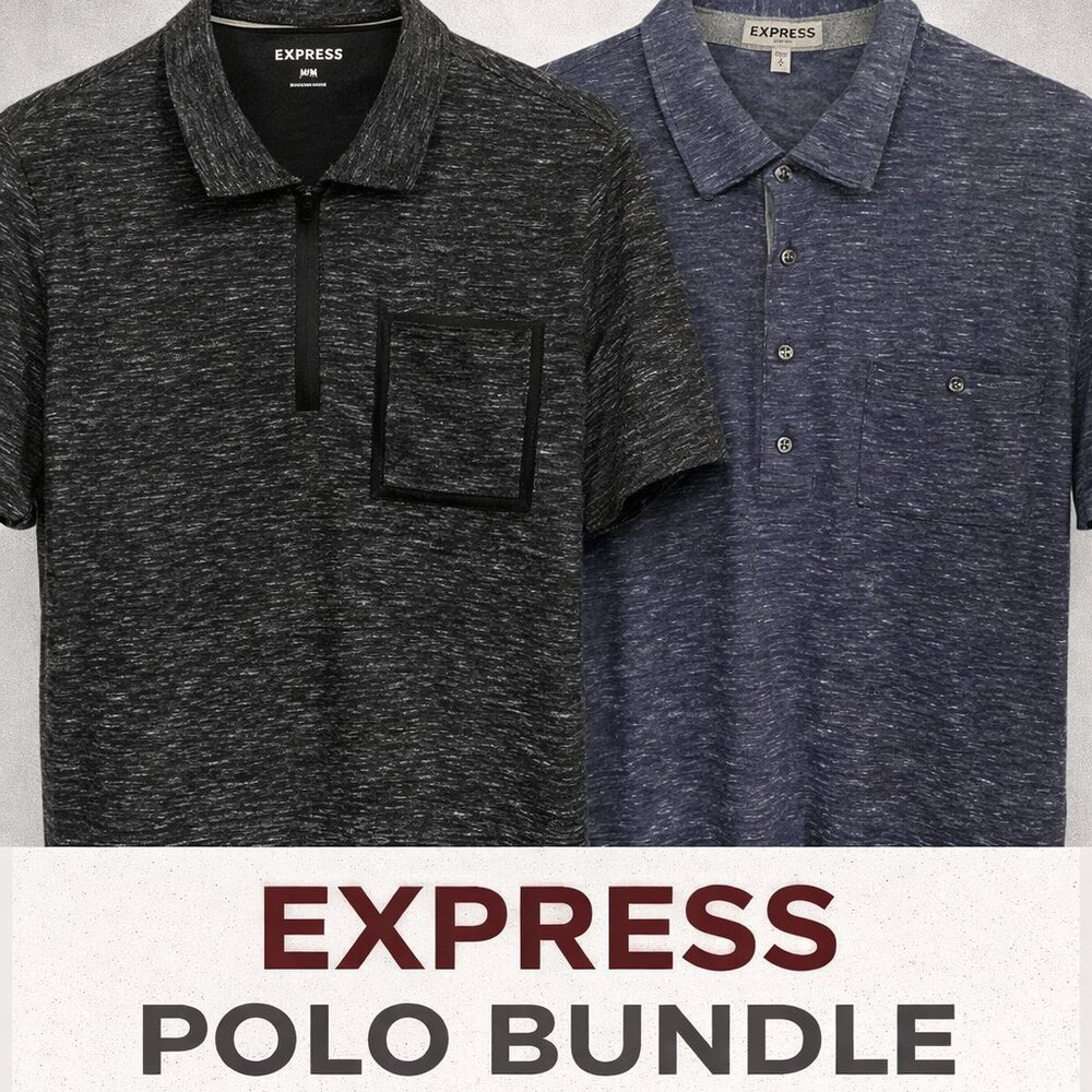 Bundle (2) Express Men’s Stretch Polos Size M – Short Sleeve Heather Gray & Navy